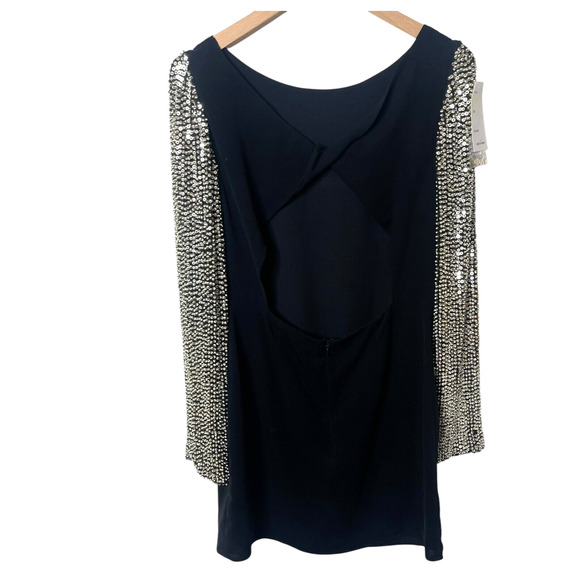 Parker Sequin Sleeve Open Back Cocktail Mini Dress Boat Neck Black Large - Picture 3 of 14